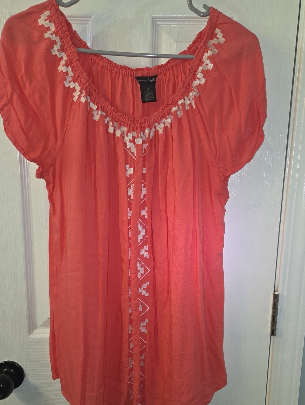 Sunny Taylor Coral Peasant Tunic with White Embroidery